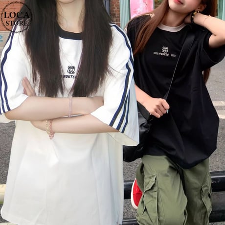 tシャツ サイドライン ロゴ オーバーサイズ ビッグシルエット トップス オーバーサイズTシャツ Route66 半袖 レトロ カジュアル ストリート女子 DTCA-921403890333
