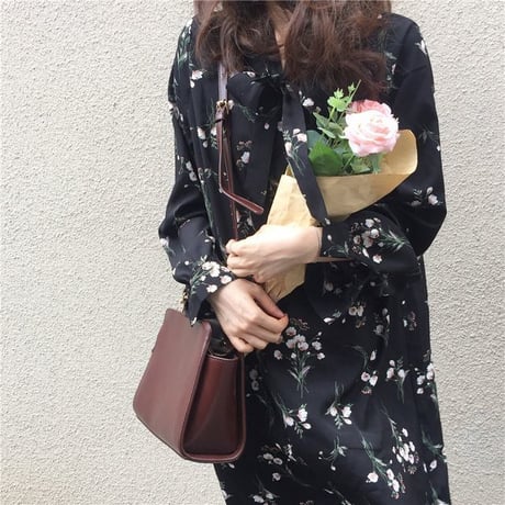 レディース リボン 花柄ワンピース ロング丈 ボウタイ フェミニン 韓国ファッション オルチャン (DCT-575431180054)
