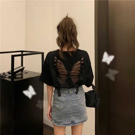 Tシャツ 半袖 シースルー バタフライ ブラック 韓国ファッション レディース トップス ラウンドネック かわいい セクシー カジュアル シンプル ガーリー DTC-637997295433_bk