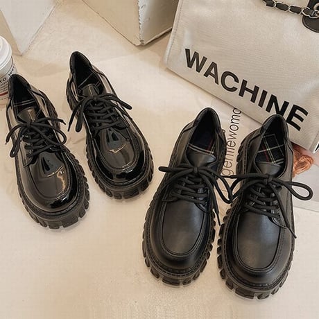 艶あり・艶なしの2タイプ展開！ ローファー 厚底 22.5～25.0cm レースアップ 厚底シューズ グロス ＆ マット 韓国ファッション レディース 美脚 DTC-666562762904