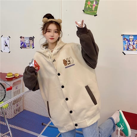 フード付き ブルゾン パーカー 月輪熊 パンダ 白熊 プラスベルベット アウター オーバーサイズ 韓国ファッション レディース ガーリー カジュアル ストリート系 DTC-630016028692