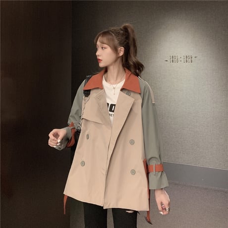 ショートコート バイカラー ベルト付き 袖ベルト 韓国ファッション レディース トレンチコート ダブルブレスト カジュアル 長袖 ゆったり 大人可愛い ガーリー DTC-627548571464