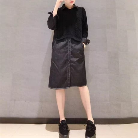 レディース ドッキングワンピース デニムシャツ ワンピース ニット マタニティ ガーリー フェミニン 韓国ファッション (DCT-557459370190)