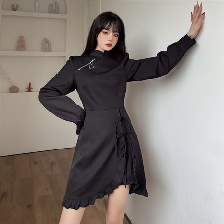 不規則デザイン ワンピース ハイウエスト ジッパー アシンメトリー 韓国ファッション レディース アシメ 無地 暗黒系 ダーク ガーリー DTC-634172142585