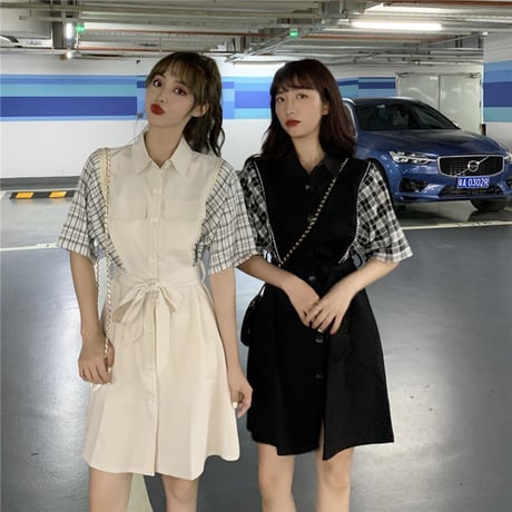 シャツワンピース バイカラー チェック柄 無地 韓国ファッション レディース ワンピース Aライン シングルブレスト ハイウエスト 無地 フレア シンプル ガーリー DTC-619337093068