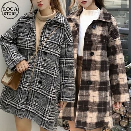 チェックコート シングルブレスト 韓国 ファッション レディース コート チェック柄 アウター ウールコート シングルブレスト レトロ (DTC-603665766891)