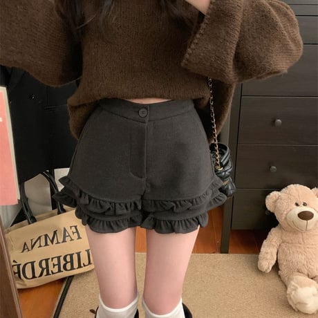 フリル ショートパンツ フェイクウール ハイウエスト スリム Aライン ショートボトム 秋 冬 レトロ 韓国ファッション レディース 大人可愛い ガーリー DTCA-873635337938
