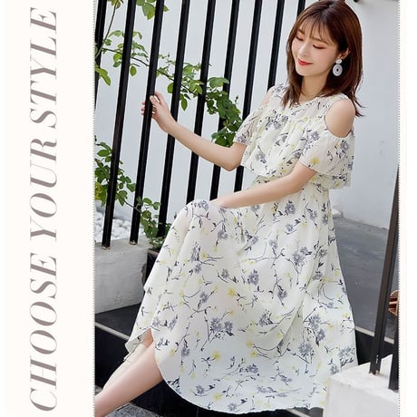 レディース レースレイヤー肩あき 花柄ワンピース フリル フェミニン ガーリー 韓国ファッション (DCT-569895814971)