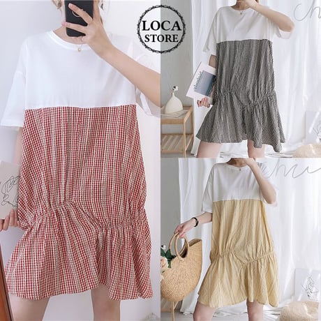 レディース Tシャツ切り替えワンピース ドッキングワンピース チェック フレアワンピース バイカラー ガーリー 韓国ファッション (DCT-594840232030)
