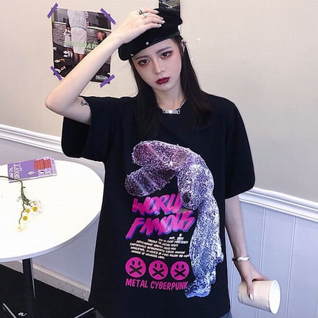 ユニセックス Tシャツ 半袖 メンズ レディース ラウンドネック ラビット うさぎ スマイリー プリント オーバーサイズ 大きいサイズ ルーズ ストリート TBN-621606200602