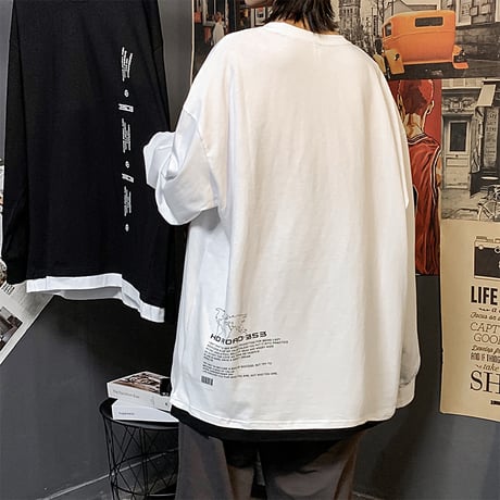 ユニセックス Tシャツ 長袖 韓国ファッション メンズ レディース ラウンドネック シンプル 英字 プリント オーバーサイズ 大きいサイズ ルーズ ストリート DTC-624323933048
