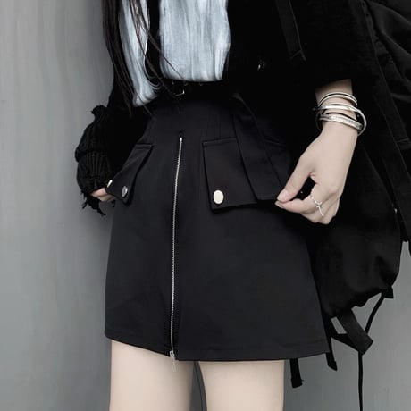 スカート風 ショートパンツ フロントジップ Aライン ハイウエスト 韓国ファッション レディース ショーパン ジップアップ ガーリー 暗黒系 DTC-620051473564