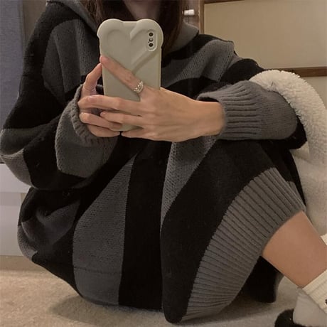 ボーダー柄 フード付き ニットワンピース ロング丈 ニット 長袖 ゆったり ルーズ レトロ 韓国ファッション レディース 大人可愛い ガーリー カジュアル DTC-663533210883