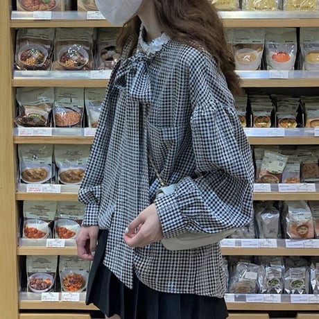 チェック柄 ブラウス ボウタイ リボン ルーズ 長袖 レトロ 韓国ファッション レディース 大人可愛い ガーリー フェミニン DTC-684117876396