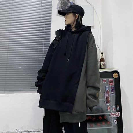 ユニセックス パーカー アシンメトリー 重ねデザイン プラスベルベット ルーズ 韓国ファッション メンズ レディース 男女兼用 アシメ カジュアル ストリート系 DTC-634512223674