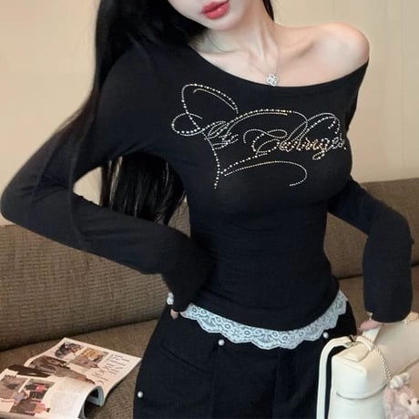ロンT ラインストーン レース ロゴ ワンショルダー ドッキング プルオーバー スリムフィット 長袖 レトロ 大人可愛い ガーリー カジュアル DTCA-835755722900