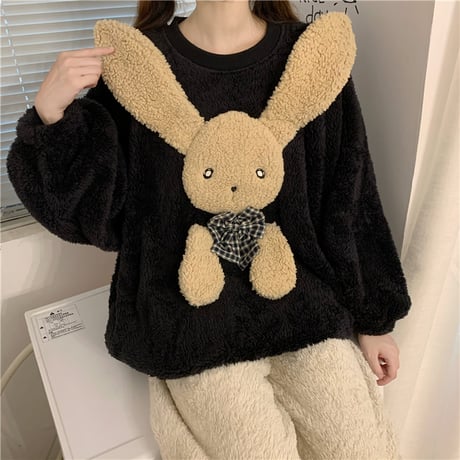 ルームウェア パジャマ セットアップ フリース トップス + パンツ ラビット うさぎ 長袖 上下セット 長袖 韓国ファッション レディース もこもこ ガーリー 627109268664