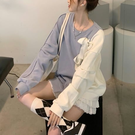 バイカラー リボン トレーナー トップス クルーネック ゆったり 不規則デザイン 長袖 レトロ 韓国ファッション レディース 大人可愛い ガーリー フェミニン DTC-655495373963