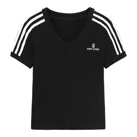 Tシャツ サイドライン Vネック スリムフィット トップス 半袖 レトロ 韓国ファッション レディース 大人可愛い ガーリー スポーツミックス カジュアル DTC-802358222607