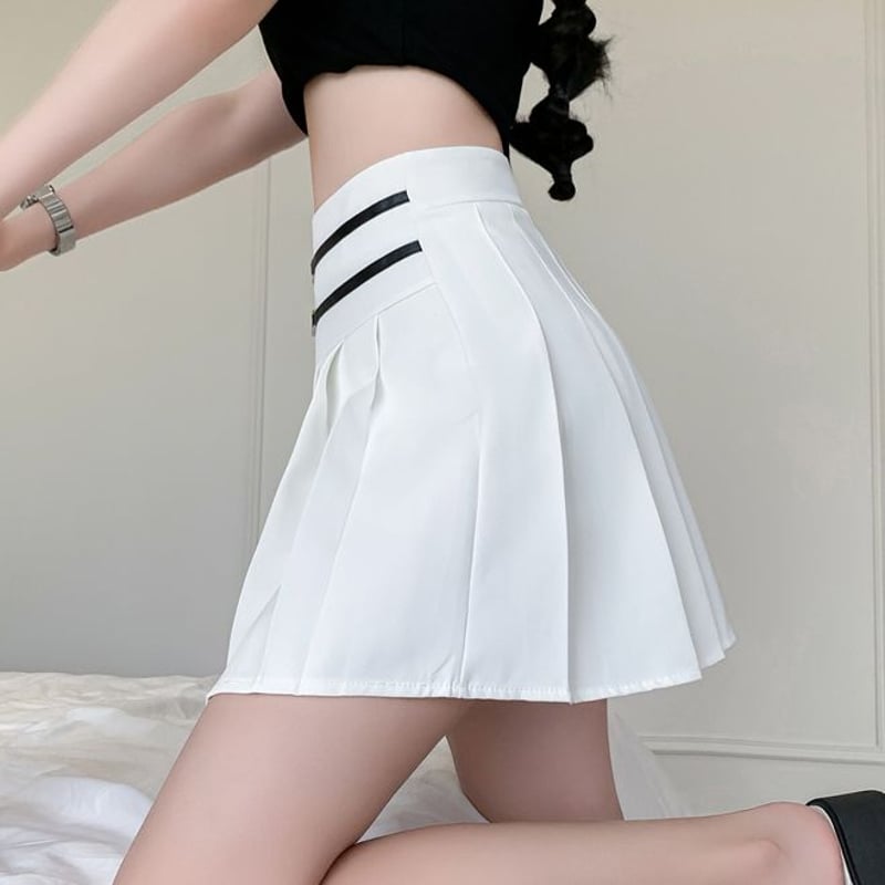 ダブルベルト風デザイン プリーツスカート ウエストマーク ハイ