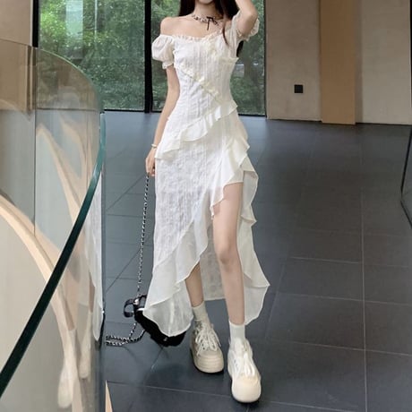 ワンピース 不規則デザイン フリル 2WAY スクエアネック オフショルダー パフスリーブ Aライン 半袖 レトロ 韓国ファッション レディース 大人可愛い ガーリー DTC-801946879202