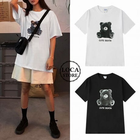 ユニセックス メンズ/レディース 可愛いクマと「CUTE DEATH」プリント Tシャツ 大きいサイズ ストリート 韓国ファッション (DCT-592858476505)