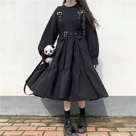 サスペンダーストラップ付き ワンピース リボンスリーブ クルーネック ハイウエスト 長袖 韓国ファッション レディース 大人可愛い ガーリー DTCA-649488736694