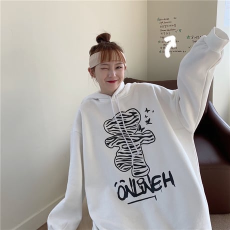プルオーバー パーカー ゼブラ柄 クマ ベアー プラスベルベット ルーズ 韓国ファッション レディース フーディー ゆったり 大きめ カジュアル ストリート系 DTC-631127121874