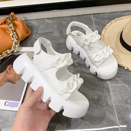 スポーツサンダル 22.5～25.0cm 厚底 チェーンモチーフ 韓国ファッション レディース スポサン マジックテープ 厚底サンダル カジュアル DTC-644611318028