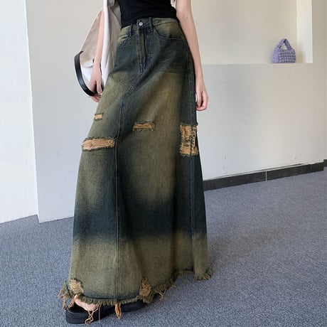 デニムスカート ヴィンテージ風 ダメージ加工 フリンジ 切りっぱな裾 Aライン ハイウエスト デニム ロングスカート レトロ 大人可愛い ガーリー カジュアル DTCA-738580370386