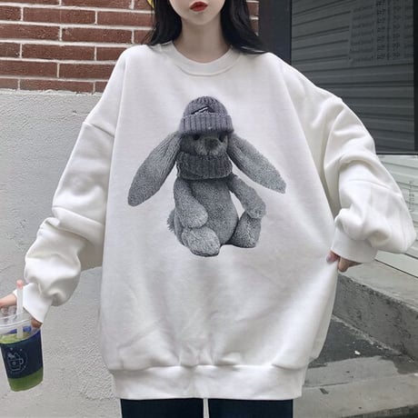 トレーナー うさぎ ラビット スウェット 厚手 オーバーサイズ 長袖 ゆったり レトロ 韓国ファッション レディース 大人可愛い ガーリー カジュアル DTC-659139065147