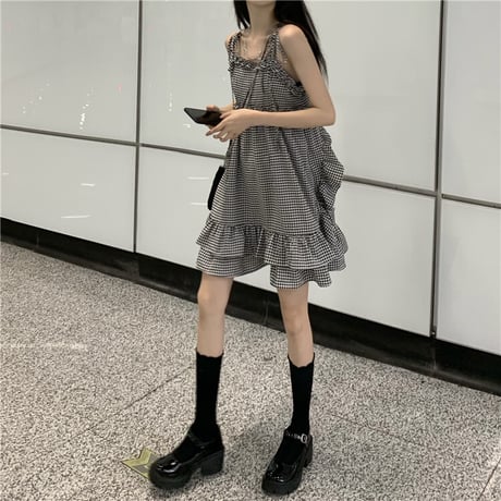 セットアップ ボレロ キャミワンピース 千鳥格子柄 チェック柄 ハイウエスト 2点セット 長袖 レトロ 韓国ファッション レディース 大人可愛い ガーリー DTC-644393055166