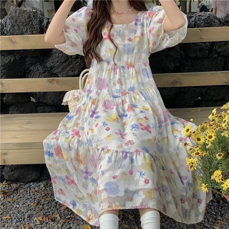 花柄ワンピース 半袖 パフスリーブ ゆったりウエスト プルオーバー Aライン レトロ 韓国ファッション レディース 大人可愛い ガーリー フェミニン DTC-708779539643