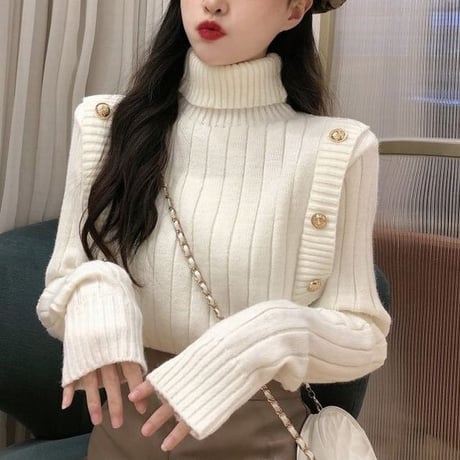 タートルネック リブニット プルオーバー 長袖 ニット レトロ 韓国ファッション レディース 大人可愛い ガーリー カジュアル DTC-656658948625