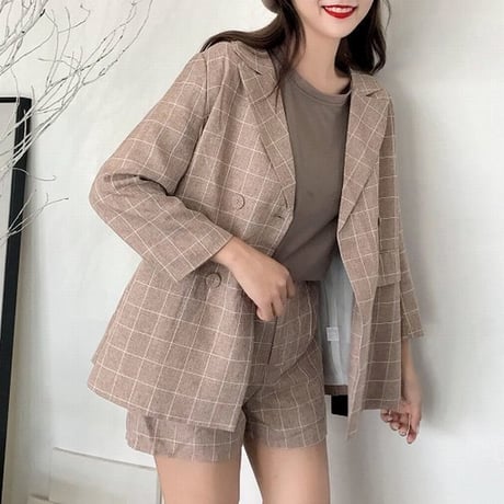 レディース ジャケット ショートパンツ チェック柄 セットアップ 大人 ガジュアル ハイウエスト ガーリー 韓国ファッション (DCT-588392928821)