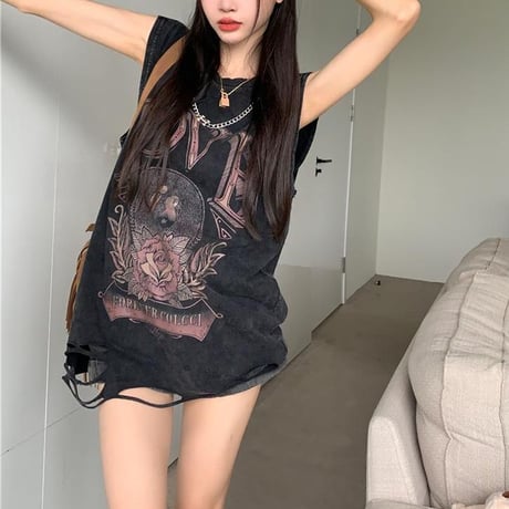 チェーンデザイン タンクトップ ダメージ加工 ウォッシュ加工 ヴィンテージ風 ノースリーブ tシャツ トップス オーバーサイズ レトロ カジュアル ストリート女子 DTCA-795943873261