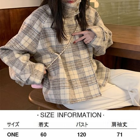 チェック柄 ショートコート スタンドカラー フェイクウール ボタン ルーズ 長袖 レトロ 韓国ファッション レディース 大人可愛い ガーリー DTC-690298555703