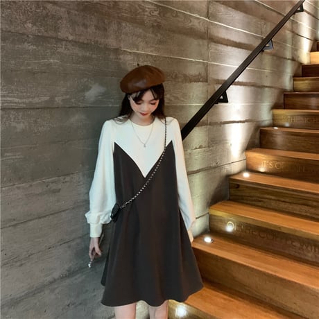 ワンピース フェイクレイヤード 長袖 ゆったり 韓国ファッション レディース ドッキングワンピース ラウンドネック 伸縮性ウエスト Aライン 大人可愛い ガーリー DTC-626497841493