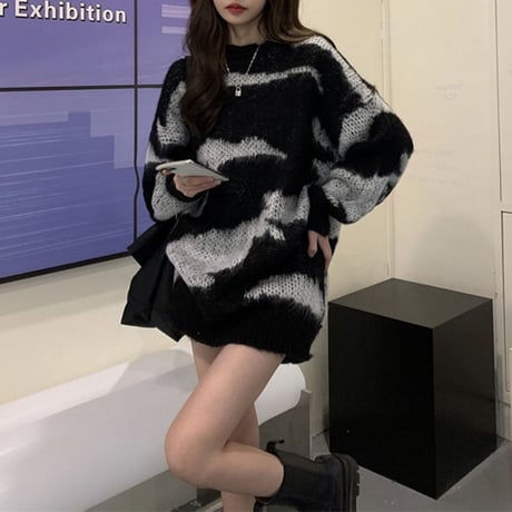 ゼブラ柄 ニット ニットセーター プルオーバー モヘア ラウンドネック 長袖 ルーズ ゆったり レトロ 韓国ファッション レディース 大人可愛い ガーリー DTC-657324217477