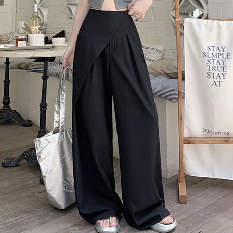 アシンメトリー モップパンツ ワイドパンツ タック ドレープ ハイウエスト ルーズ レトロ 韓国ファッション レディース 大人可愛い ガーリー DTC-778588912089