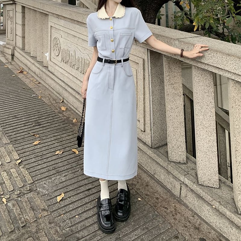 chiclinグレー 半袖 ロングワンピース後ろ ボタン付き osharewalker ワンピース 半袖 レディース ドレス ロング