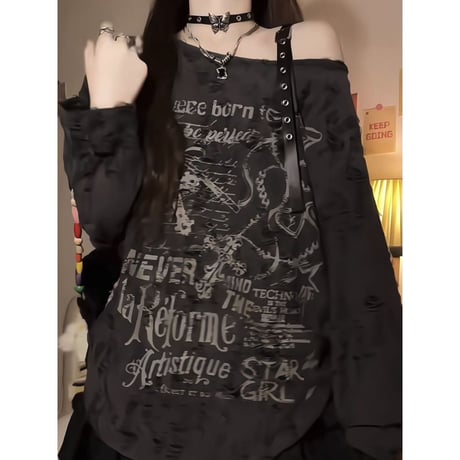 ワンショルダー ダメージ加工 トップス ストラップ tシャツ グラフィックプリント オーバーサイズ ロンt 長袖 韓国ファッション レディース 大人可愛い ガーリー DTCA-822110064294