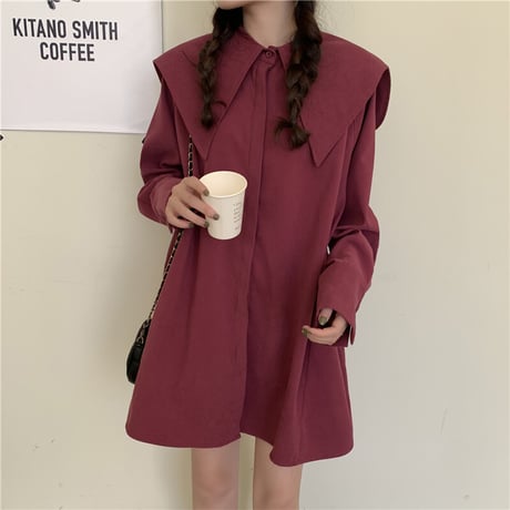 ブラウス シャツ 大きい襟 ベルト 長袖 韓国ファッション レディース ワンピース トップス ゆったり カットソー 大人可愛い ガーリー DTC-625594554550
