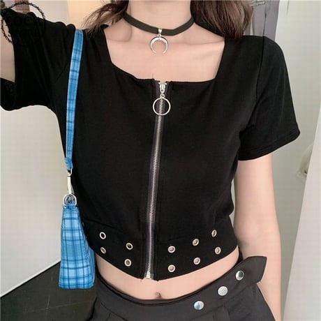 クロップド丈 Tシャツ フロントファスナー ジップアップ トップス ショート丈 スクエアネック 半袖 へそ出し 韓国ファッション レディース カジュアル DTC-674971025180