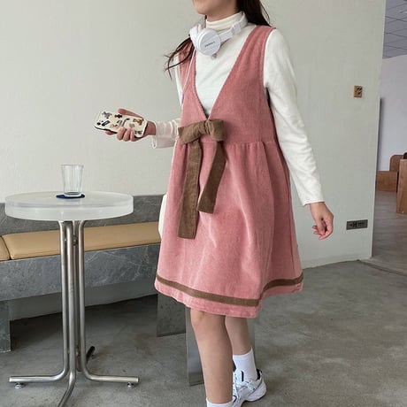 2点セット ジャンパースカート ＋ ニットセーター コーデュロイ 韓国ファッション レディース 大きいリボン サスペンダースカート 大人可愛い ガーリー DTC-626572469215