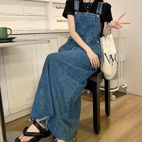 デニム ジャンパースカート マキシ丈 ジャンスカ サスペンダースカート ルーズウエスト レトロ 韓国ファッション レディース 大人可愛い ガーリー カジュアル DTC-679082921130