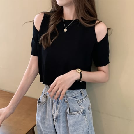 tシャツ オープンショルダー サマーニット 半袖 ショート丈 へそ出し 肩開き 肩出し 薄手 トップス 韓国ファッション レディース 大人可愛い ガーリー DTCA-640484604365
