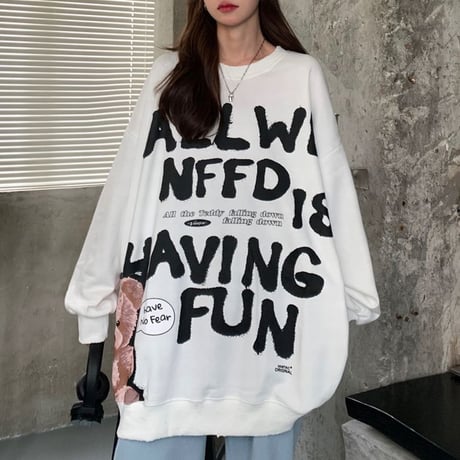 トレーナー ロンT 薄手 オーバーサイズ ラウンドネック 英字 クマちゃん ベアー ルーズ レトロ 韓国ファッション レディース ガーリー カジュアル ストリート系 DTC-656998579130