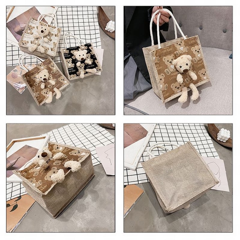 クマのぬいぐるみ付き 麻バッグ クマ柄 ハンドバッグ キャンバス