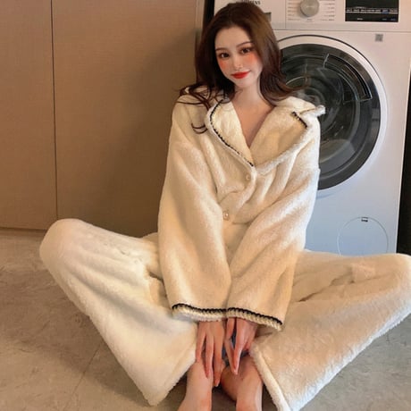 ルームウェア パジャマ セットアップ フリース プラスベルベット トップス + パンツ 長袖 上下セット 韓国ファッション レディース もこもこ ガーリー 633794682654